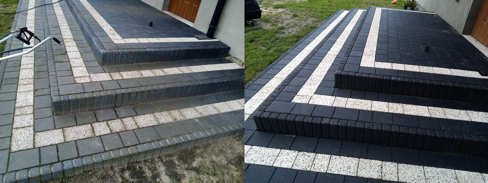 Porównanie stanu kostki brukowej przed i po myciu wysokociśnieniowym, z widoczną różnicą w czystości i kolorze, schody wejściowe z ciemnej kostki z białymi wstawkami.