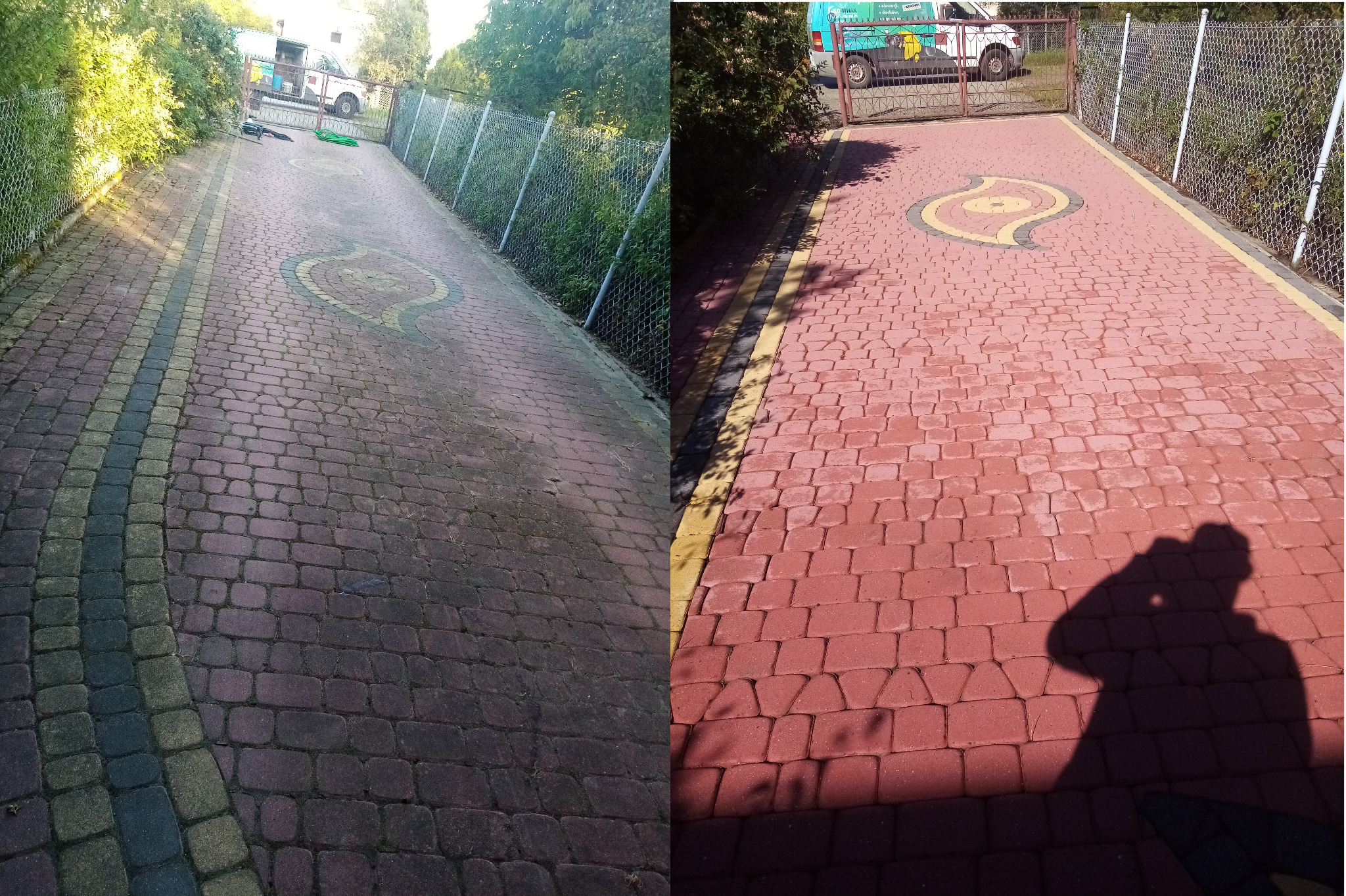 Porównanie kostki brukowej przed i po czyszczeniu, widoczna różnica w kolorze i usunięciu zabrudzeń, zarys cienia osoby robiącej zdjęcie.