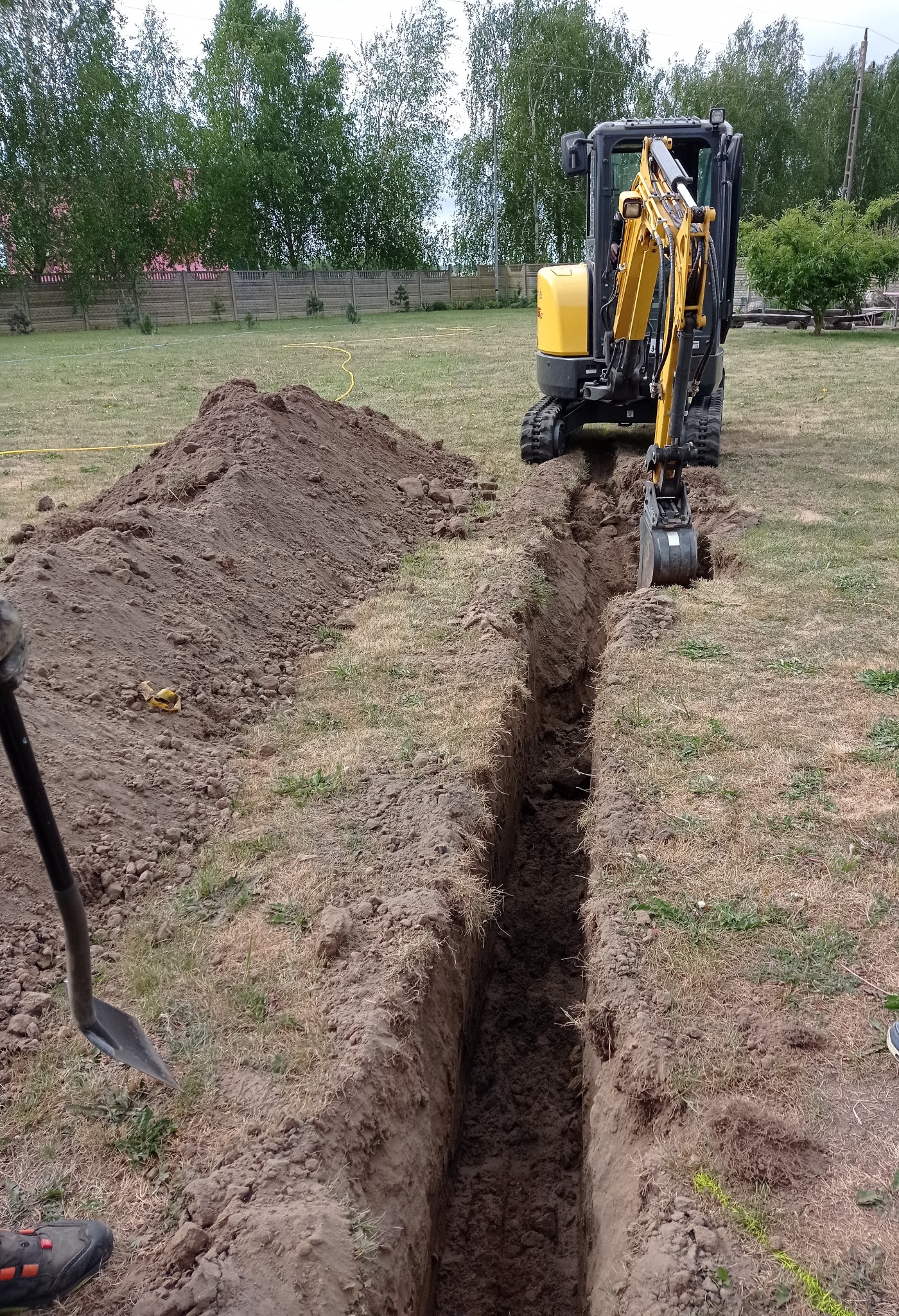 Żółta mini koparka wykonuje wykop rowu w ziemi na trawiastym terenie. W tle drzewa i ogrodzenie.