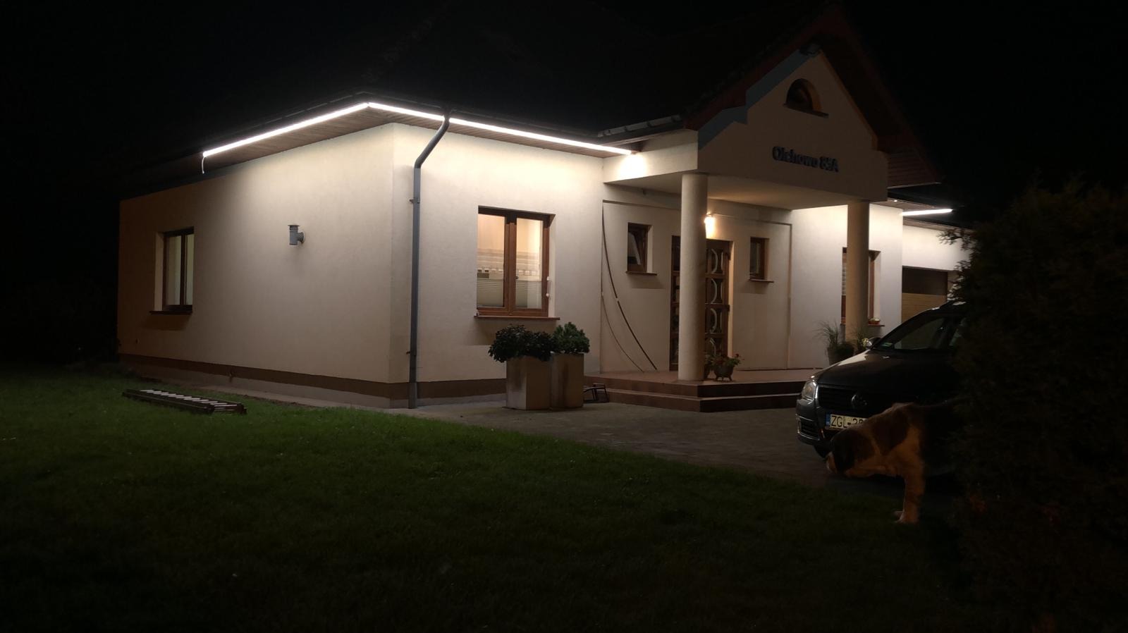 Oświetlony nocą dom jednorodzinny z podświetleniem LED wzdłuż dachu, z widocznym samochodem i psem na trawniku. Ujęcie z niskiej perspektywy, ciemne tło.