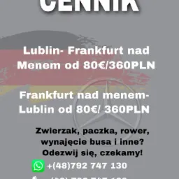 Grafika z cennikiem przewozu osób na trasie Lublin-Frankfurt nad Menem i z powrotem, oferująca również transport zwierząt, paczek i rowerów, z danymi kontaktowymi.