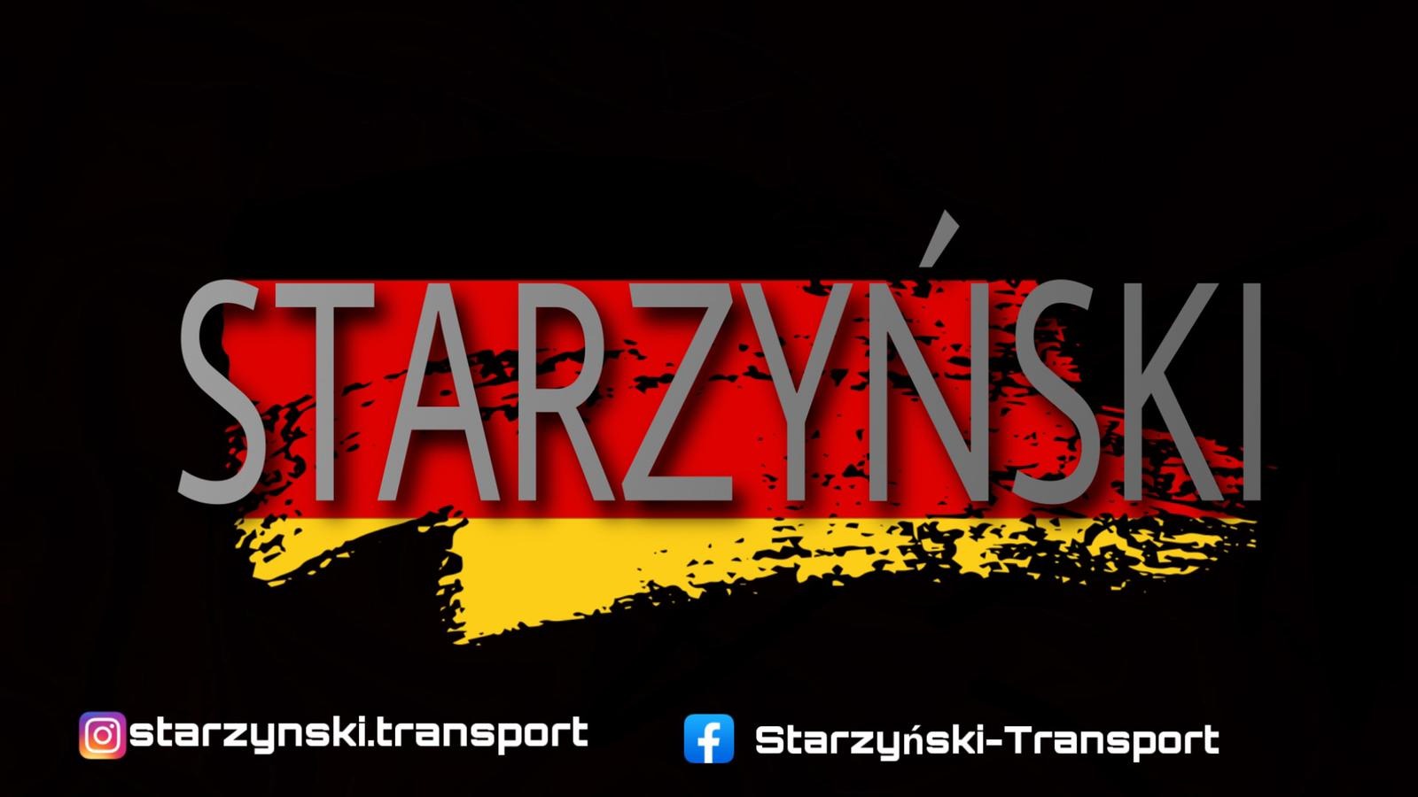 Logo firmy transportowej Starzyński-Transport z nazwą firmy w szarym kolorze nad stylizowaną flagą w barwach czerwieni, żółci i czerni oraz adresami do Instagrama i Facebooka.