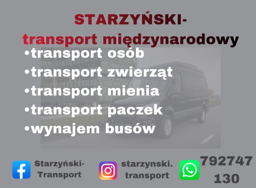 Grafika reklamowa firmy transportowej Starzyński z listą oferowanych usług: transport osób, zwierząt, mienia, paczek oraz wynajem busów, z widocznym czarnym busem na rozmytym tle i ikonami mediów...