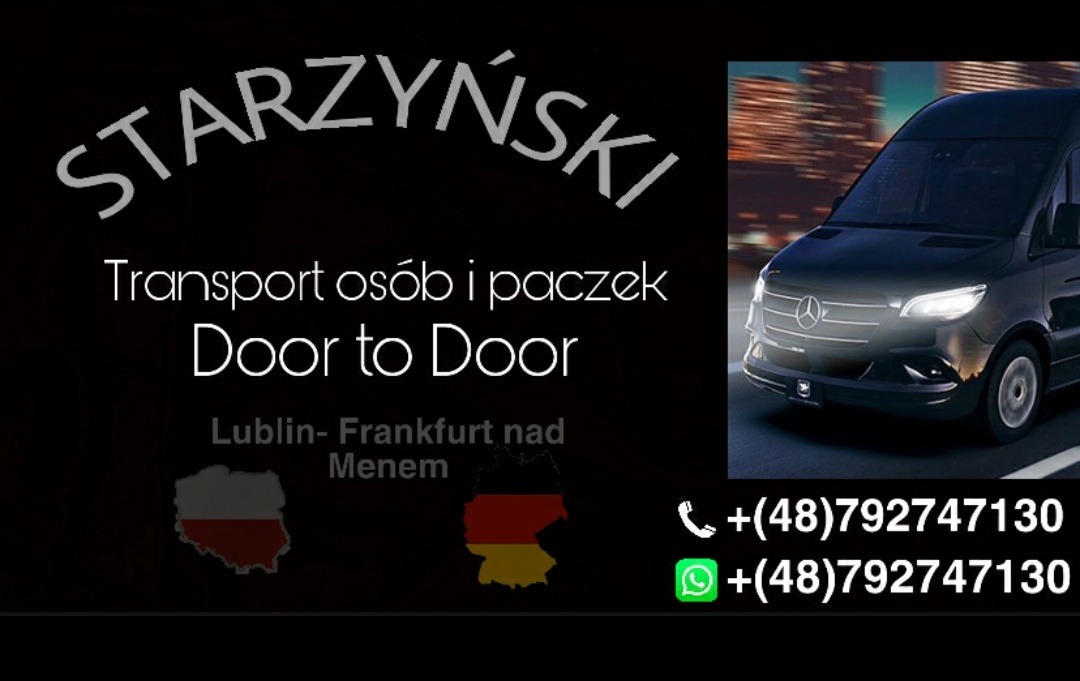 Grafika reklamowa firmy transportowej Starzyński z Lublina, oferującej przewóz osób i paczek na trasie Lublin-Frankfurt nad Menem, z wizerunkiem czarnego busa Mercedes na tle rozmytego nocnego...