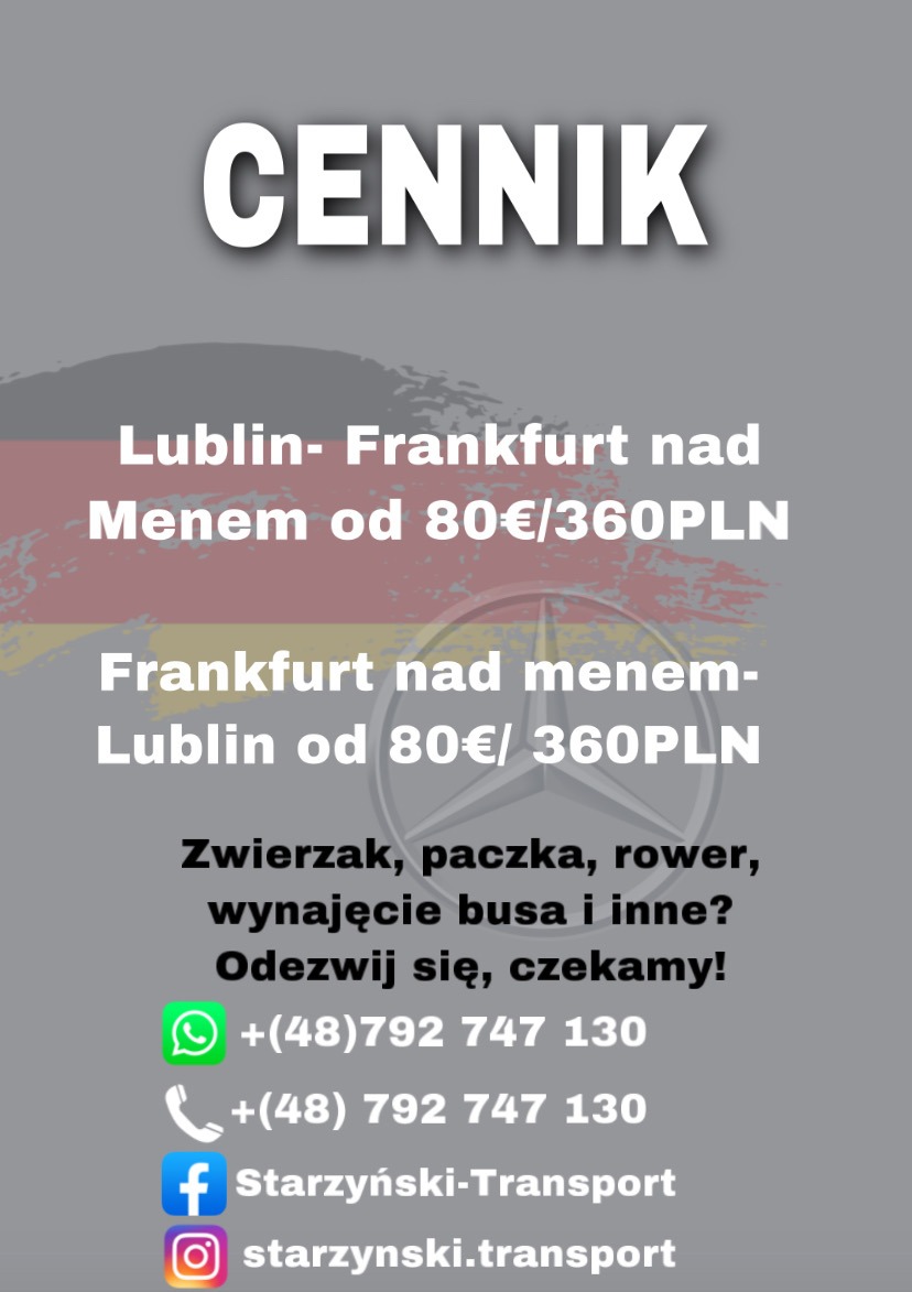 Grafika z cennikiem przewozu osób na trasie Lublin-Frankfurt nad Menem i z powrotem, oferująca również transport zwierząt, paczek i rowerów, z danymi kontaktowymi.