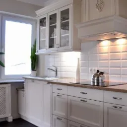 Jasna kuchnia z białymi szafkami z frezowanymi frontami, szklanymi witrynami górnymi i drewnianym blatem, uzupełniona o białe płytki ścienne i czarną podłogę.