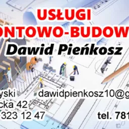 Grafika reklamowa firmy remontowo-budowlanej Dawid Pieńkosz z Lyski, przedstawiająca miniaturową budowę domu na tle planów architektonicznych, z widocznymi numerami kontaktowymi i adresem e-mail.