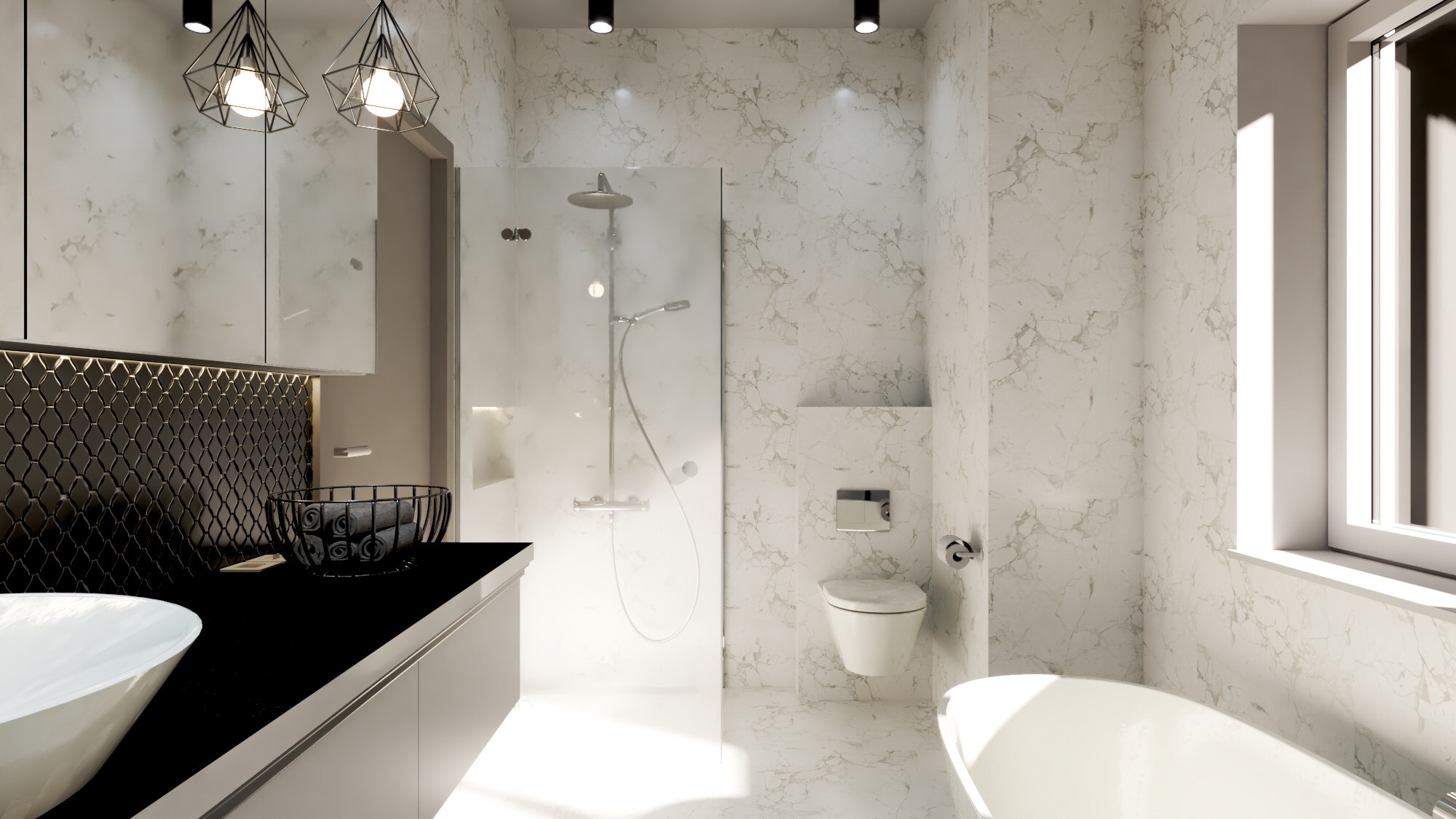 Nowoczesna łazienka z marmurowymi ścianami, kabiną prysznicową ze szklanymi drzwiami, wiszącą toaletą i owalną wanną, oświetlona lampami sufitowymi i lampami wiszącymi nad czarnym blatem umywalki.
