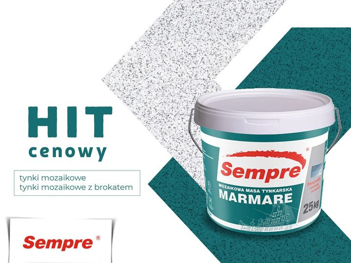 Wiadro z mozaikową masą tynkarską Sempre Marmare 25kg na tle wzornika tynku mozaikowego i informacji o promocji cenowej.