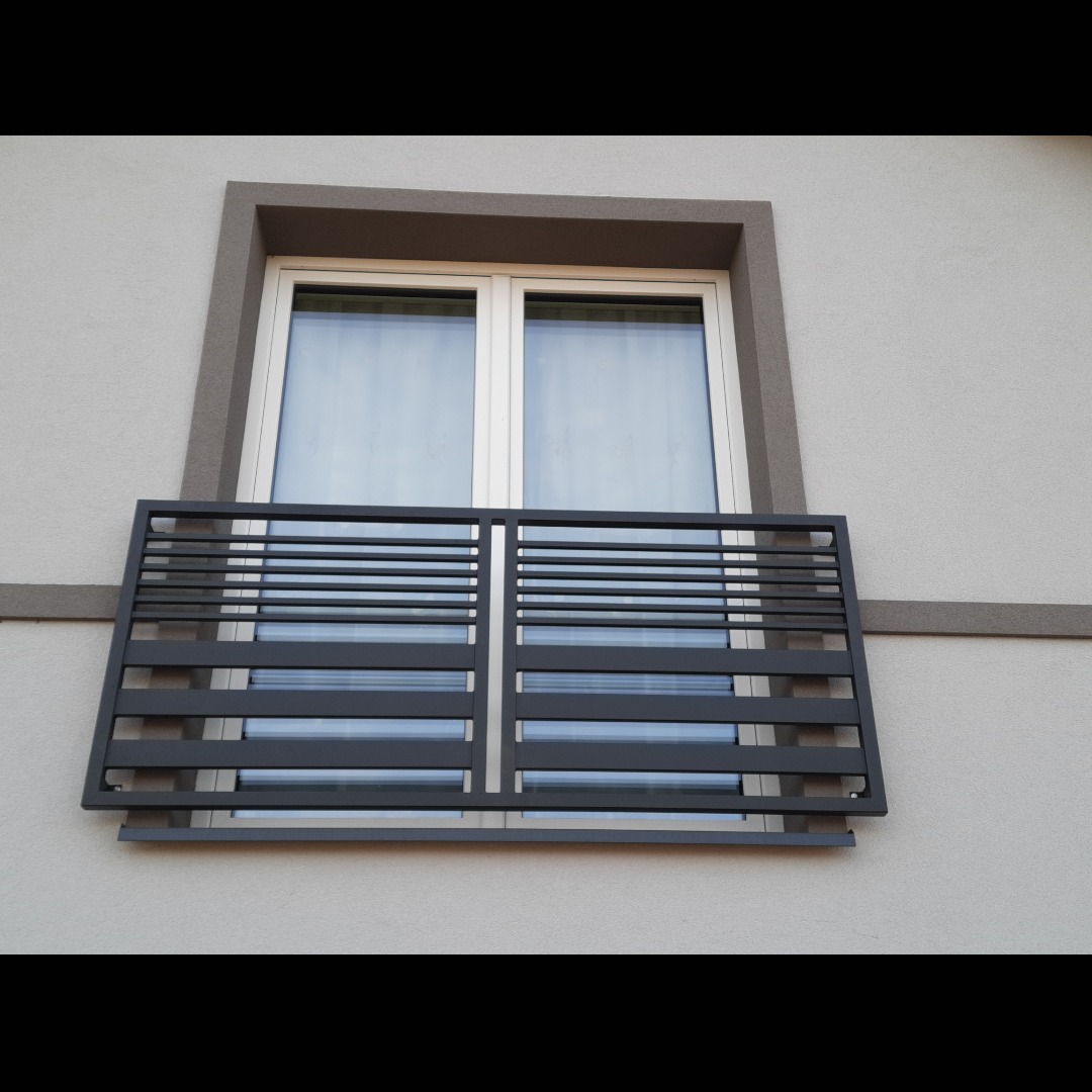 Metalowa balustrada okienna w kolorze grafitowym, zamontowana na elewacji budynku z oknem z białymi ramami.