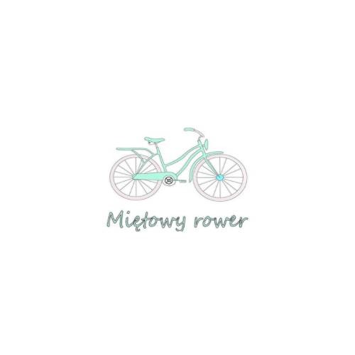 Grafika wektorowa przedstawiająca miętowy rower miejski z bagażnikiem, z napisem 'Miętowy rower' pod spodem, na białym tle.