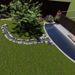 Vertical - Wizualizacja ogrodu z basenem, strumykiem z kamieni i rabatami kwiatowymi, z osobami relaksującymi się obok basenu, widok z góry.