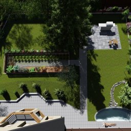 Vertical - Widok z góry na projekt ogrodu z basenem, grillem, warzywnikiem i patio, z dwoma osobami relaksującymi się przy basenie.