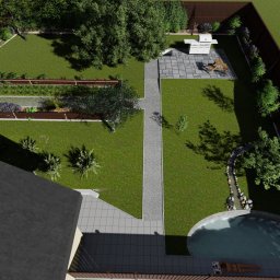 Vertical - Projekt ogrodu z widokiem z góry, ukazujący basen, ścieżki z kamienia, grill na tarasie, podwyższoną grządkę z roślinami i drzewami, otoczony wysokim, ciemnym ogrodzeniem.