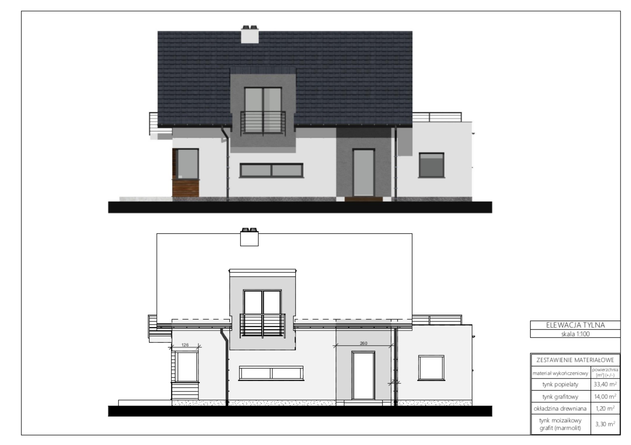 Elewacja tylna domu jednorodzinnego w skali 1:100, z zestawieniem materiałów wykończeniowych, w tym tynk popielaty, grafitowy, okładzina drewniana i tynk mozaikowy grafit.