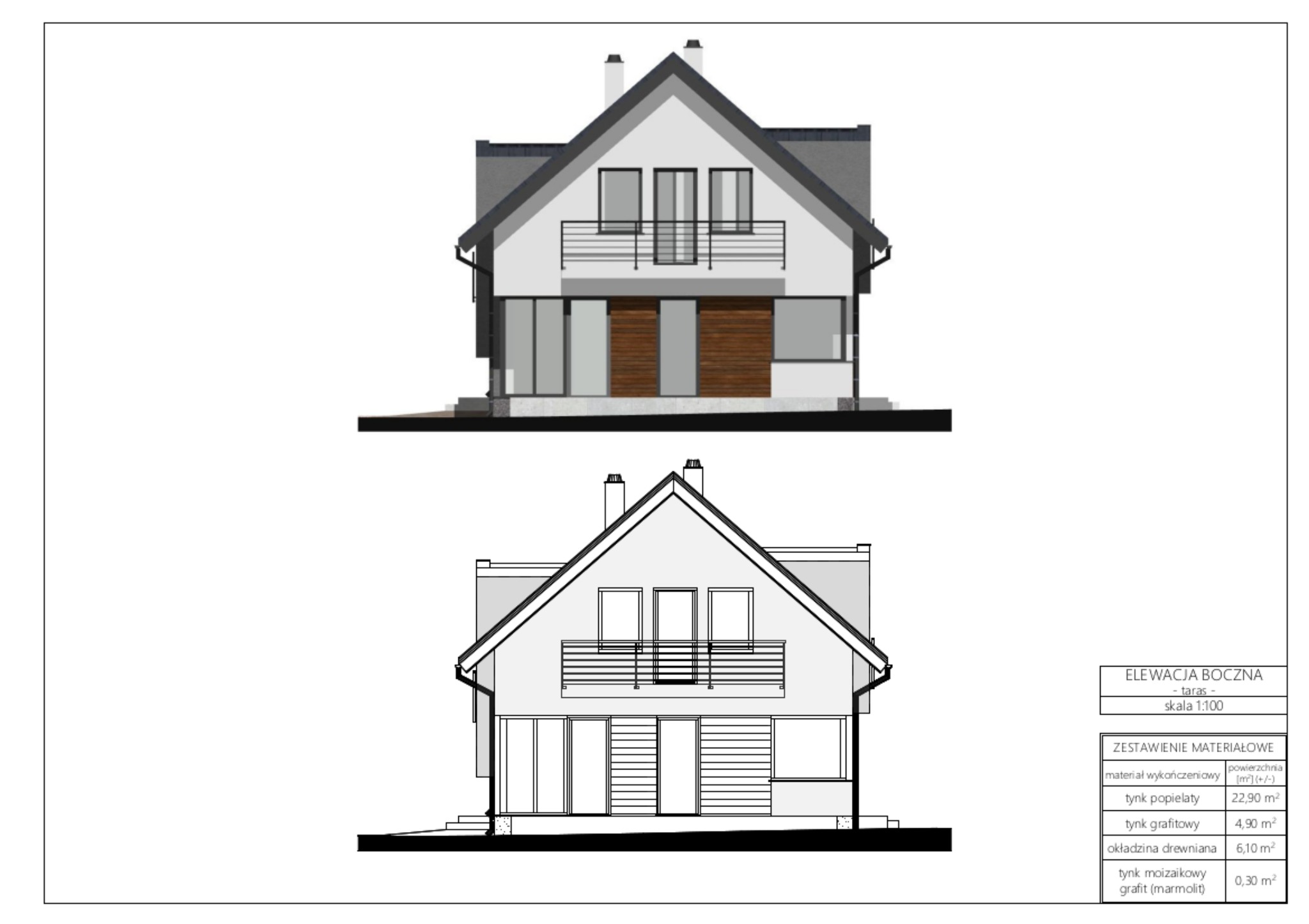 Rzut boczny domu jednorodzinnego z zestawieniem materiałów wykończeniowych i powierzchnią w metrach kwadratowych, skala 1:100.