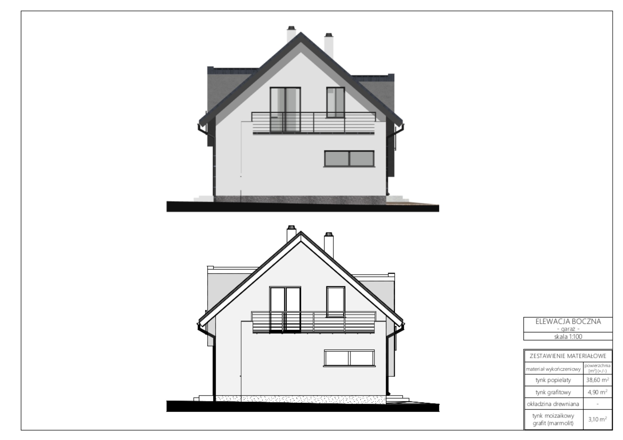 Rzut boczny elewacji domu z garażem, skala 1:100, zestawienie materiałów wykończeniowych: tynk popielaty, tynk grafitowy, okładzina drewniana, tynk mozaikowy grafit.