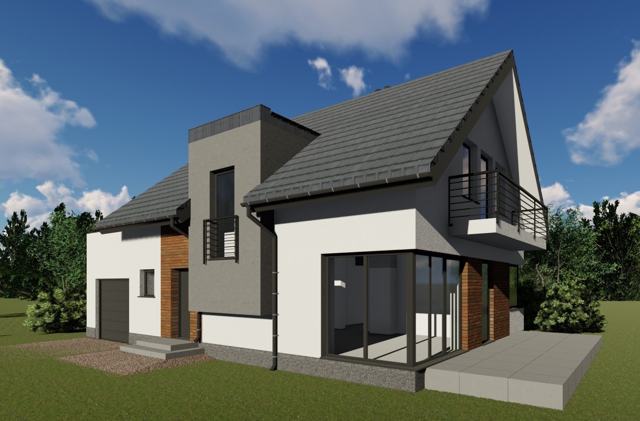 Wizualizacja zewnętrzna nowoczesnego domu jednorodzinnego z elementami drewna, szarego tynku i białej elewacji na tle błękitnego nieba z chmurami.