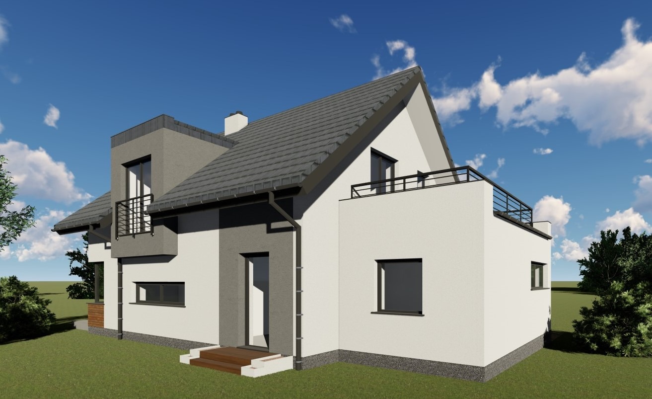 Wizualizacja zewnętrzna nowoczesnego domu jednorodzinnego z balkonem na płaskim dachu, biało-szara elewacja, widok z boku na tle błękitnego nieba z chmurami.