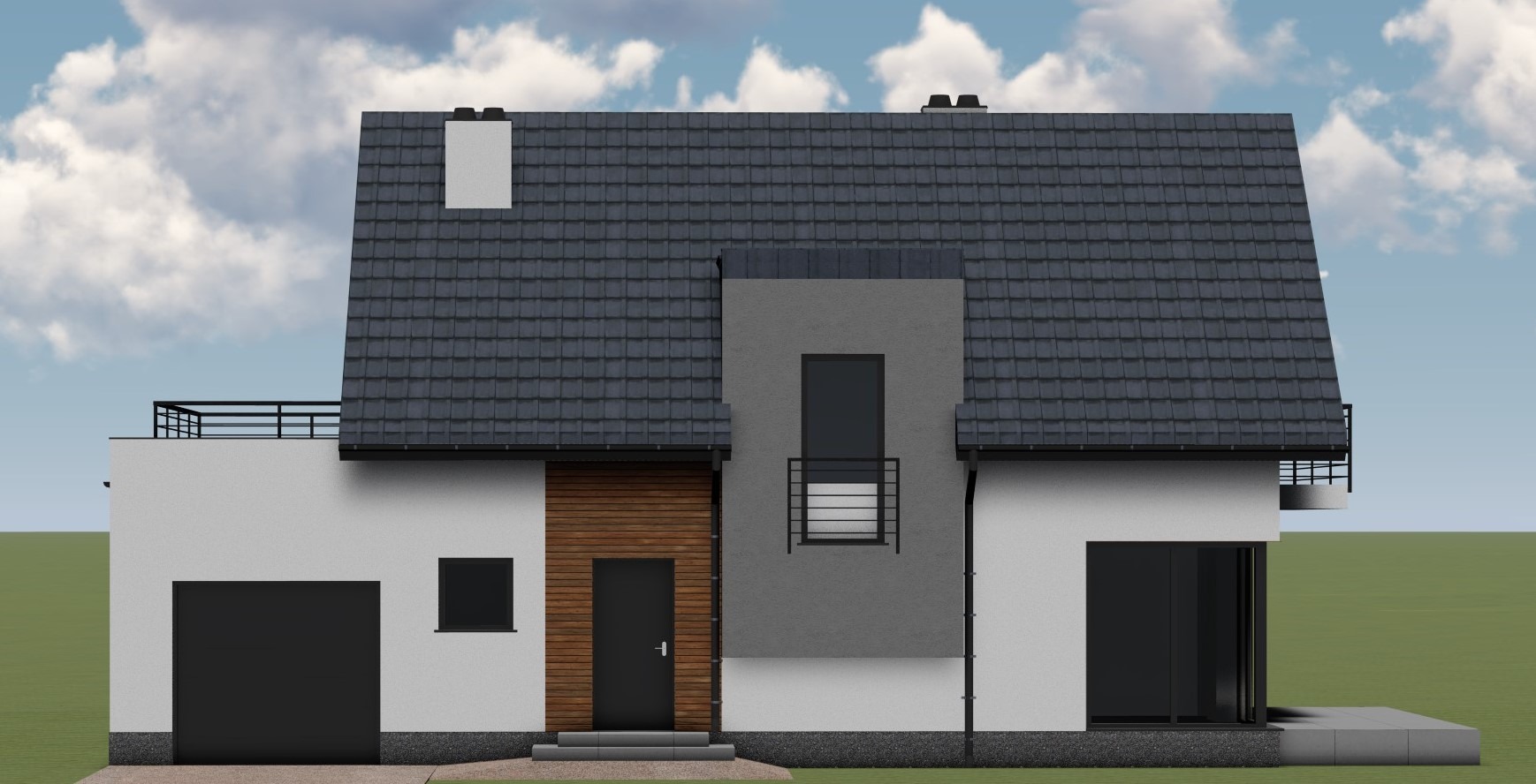 Wizualizacja nowoczesnego budynku usługowego w Nowym Targu z grafitowym dachem, białymi ścianami i elementami drewnianymi oraz balkonem z czarną balustradą.