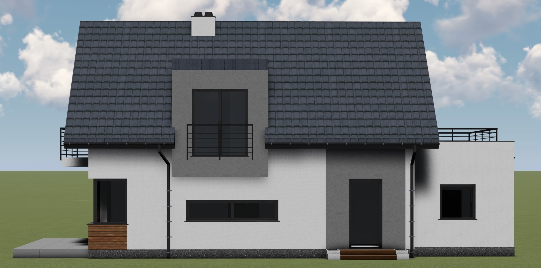 Wizualizacja bocznego widoku nowoczesnego domu z płaskim dachem, balkonem z czarną balustradą i szarą dachówką.