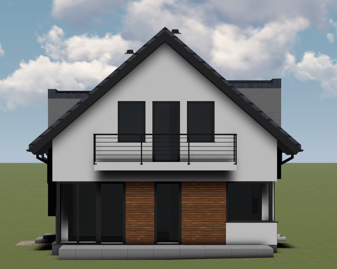 Wizualizacja dwukondygnacyjnego domu z balkonem, elewacja z drewnianymi panelami, ciemna stolarka okienna i dachówka.