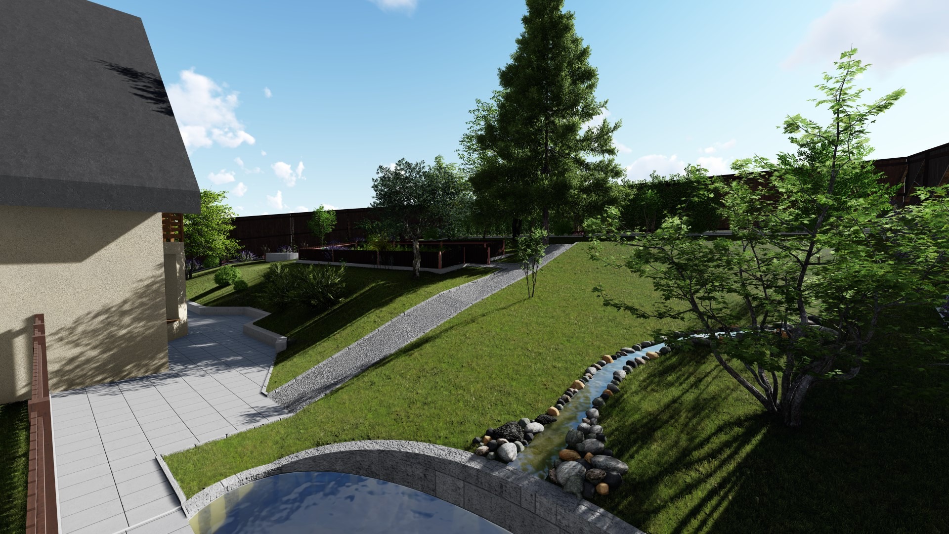 Wizualizacja ogrodu z oczkiem wodnym, strumieniem obłożonym kamieniami, ścieżką z szarego żwiru prowadzącą przez zielony trawnik w kierunku ogrodzenia z drewnianymi panelami, dom widoczny z lewej...