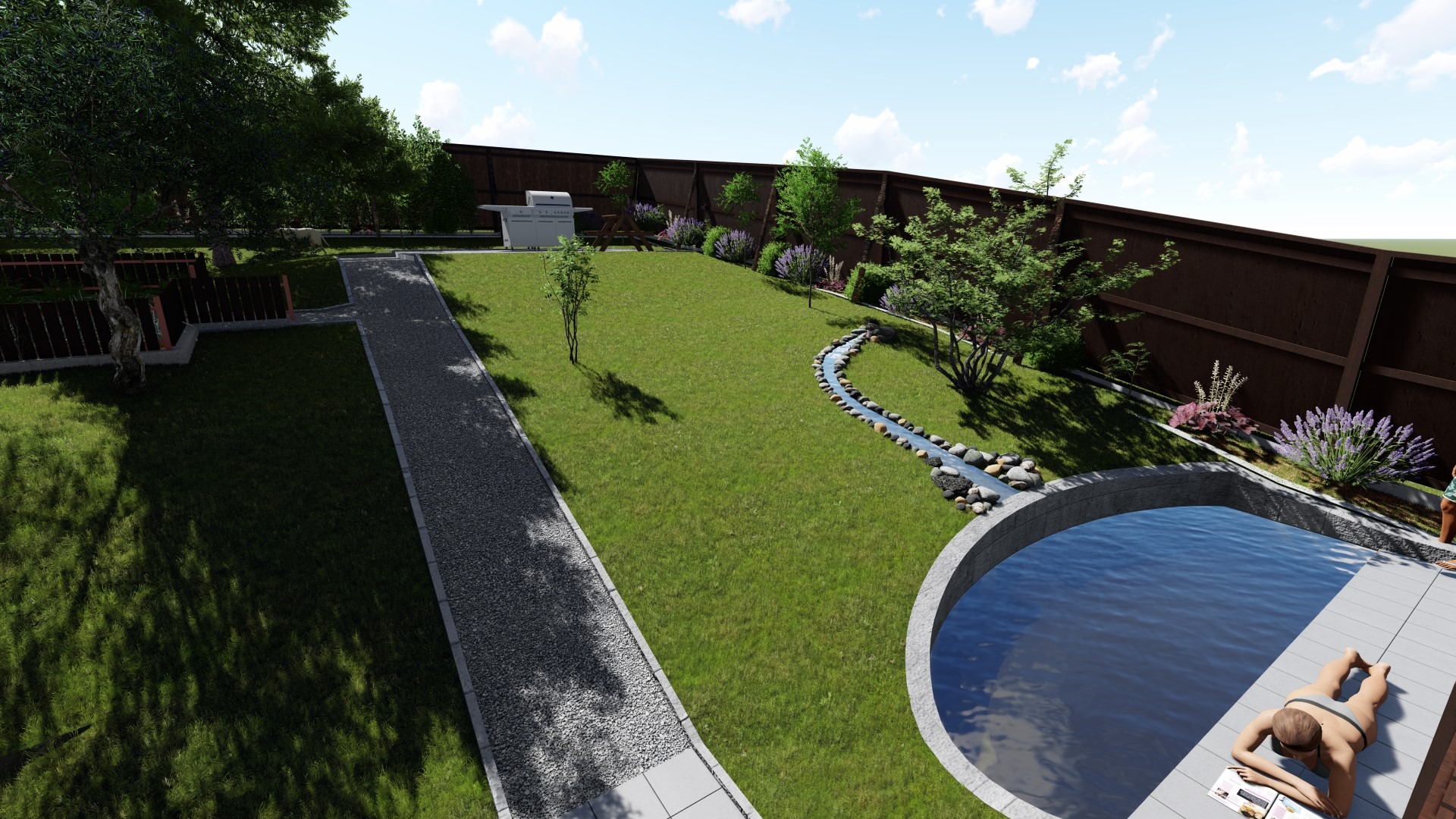Wizualizacja ogrodu z basenem, strumykiem z kamieni, grillem i ścieżką z kostki brukowej, osoba relaksująca się przy basenie