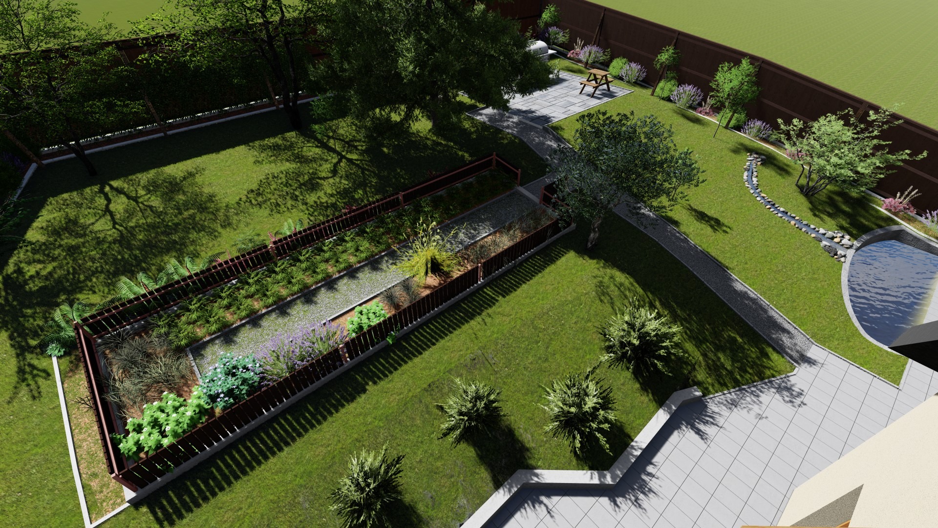 Projekt ogrodu z widokiem z góry, ukazujący ścieżki żwirowe, rabaty kwiatowe w drewnianych obramowaniach, trawnik, oczko wodne z kamieniami, oraz miejsce do siedzenia z drewnianym stołem i ławkami.