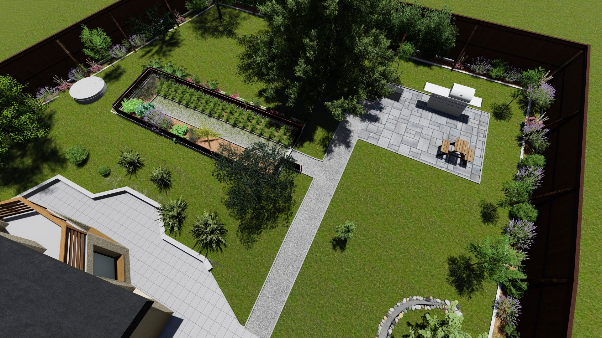 Widok z góry na projekt ogrodu z trawnikiem, grządkami warzywnymi w podwyższonych rabatach, ścieżką z kamienia, miejscem do grillowania i drewnianym ogrodzeniem.