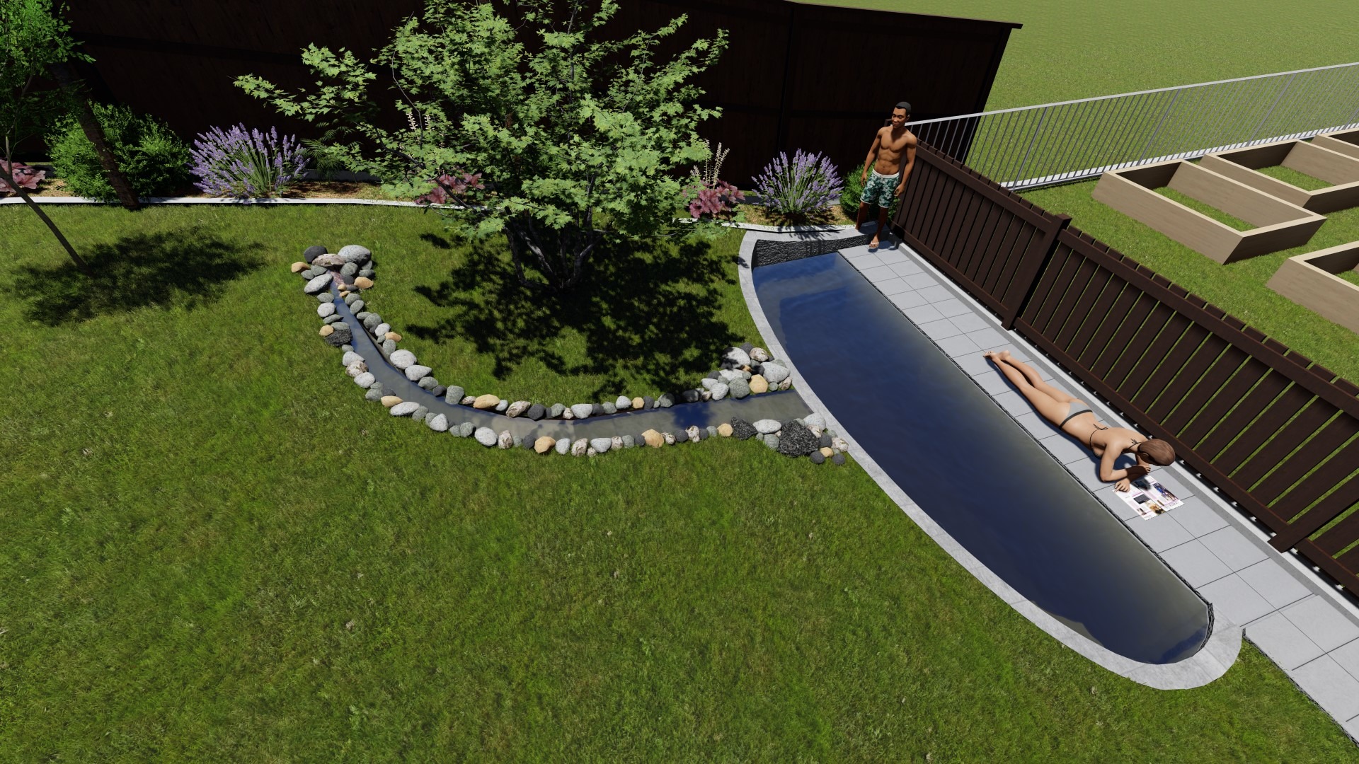 Wizualizacja ogrodu z basenem, strumykiem z kamieni i rabatami kwiatowymi, z osobami relaksującymi się obok basenu, widok z góry.