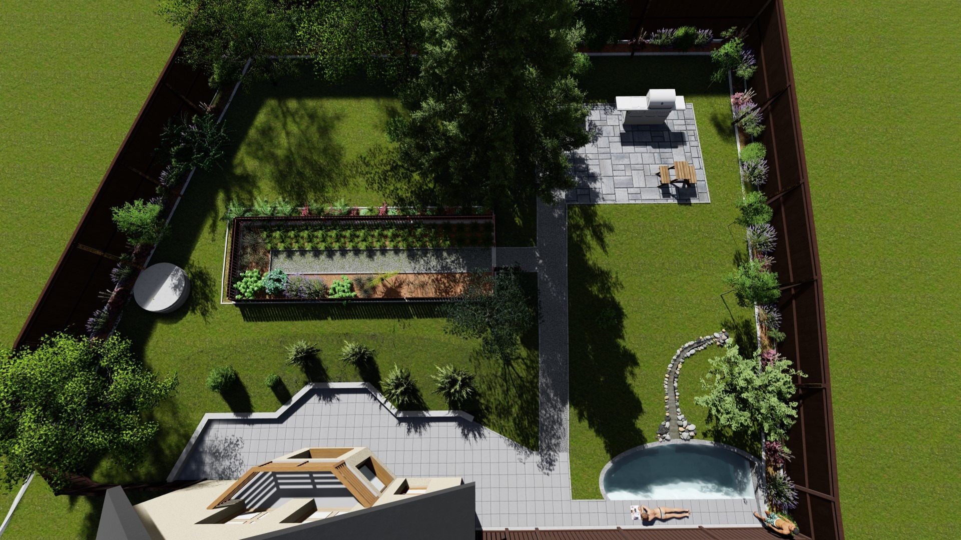 Widok z góry na projekt ogrodu z basenem, grillem, warzywnikiem i patio, z dwoma osobami relaksującymi się przy basenie.