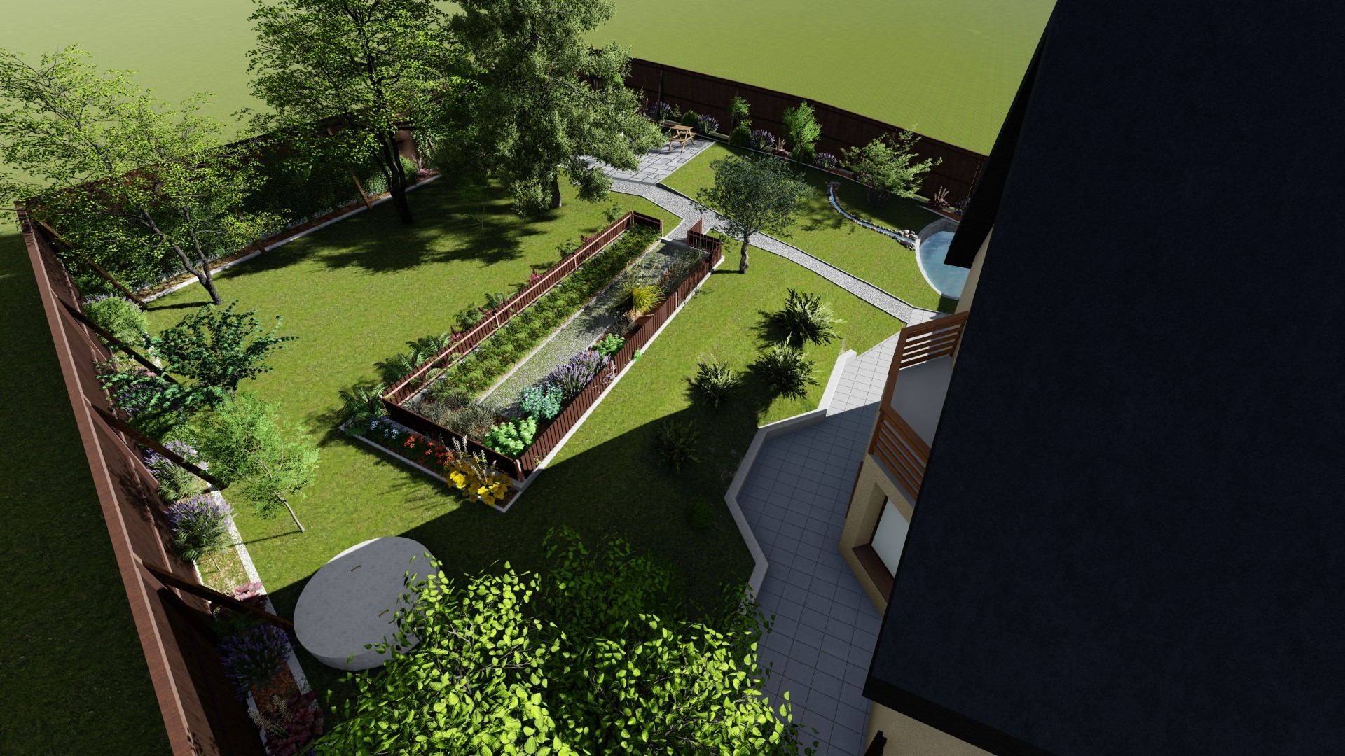 Wizualizacja ogrodu z perspektywy lotu ptaka, ukazująca podłużną rabatę kwiatową, ścieżkę z płyt prowadzącą do małego oczka wodnego i drewnianą ławkę w oddali, otoczoną trawnikiem i wysokim...