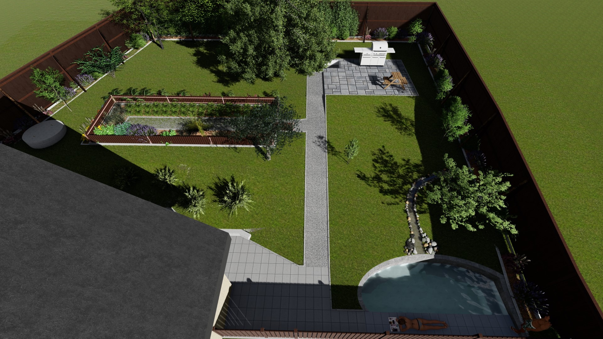 Projekt ogrodu z widokiem z góry, ukazujący basen, ścieżki z kamienia, grill na tarasie, podwyższoną grządkę z roślinami i drzewami, otoczony wysokim, ciemnym ogrodzeniem.