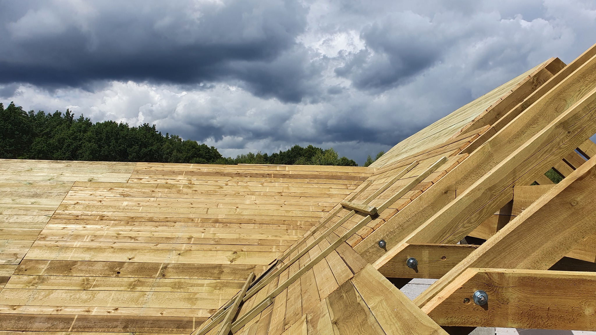 Surowa drewniana konstrukcja dachu z widocznymi belkami i deskowaniem, na tle pochmurnego nieba i zieleni drzew.