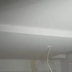 Biały sufit podwieszany z elementami gipsowo-kartonowymi, widoczne kable elektryczne wystające z otworu na lampę, fragment okna w tle.