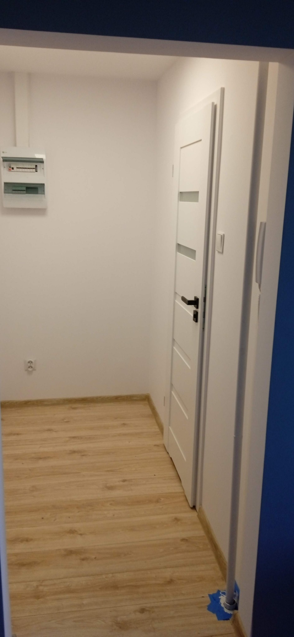 Wnętrze przedpokoju po remoncie: białe ściany, panelowa podłoga w odcieniach drewna, białe drzwi z przeszkleniami, zabezpieczone folią rury przy podłodze.