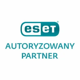 Logo firmy ESET z napisem 'AUTORYZOWANY PARTNER' w kolorze turkusowym na białym tle.