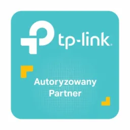 Logo TP-Link Autoryzowany Partner na turkusowym tle z żółtymi akcentami w rogach.