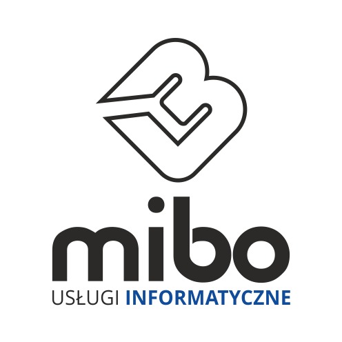 Logo firmy Mibo Usługi Informatyczne z symbolem klucza w stylizowanym kształcie litery B.