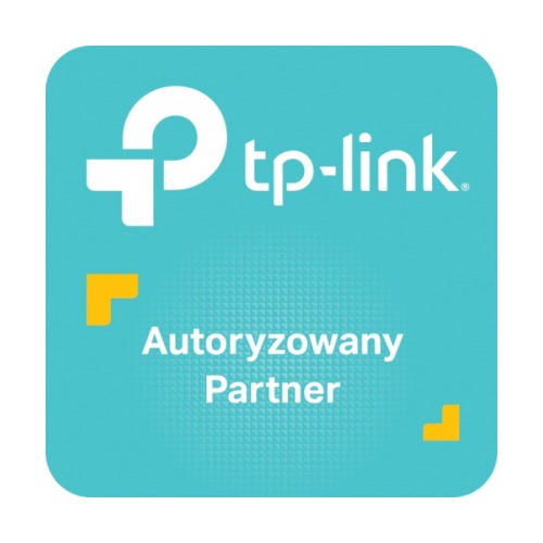 Logo TP-Link Autoryzowany Partner na turkusowym tle z żółtymi akcentami w rogach.