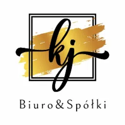Logo firmy 'Biuro & Spółki' z inicjałami 'kj' w czarnej, kaligraficznej czcionce na tle złotego pociągnięcia pędzlem, umieszczone w czarnej ramce.