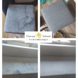 Por&oacute;wnanie stanu pufy przed i po czyszczeniu, widoczne plamy usunięte, na podłodze widoczny odkurzacz parowy.