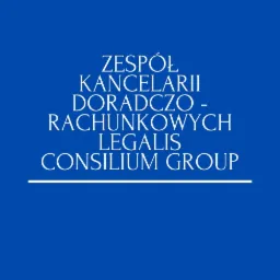 Logo Zespołu Kancelarii Doradczo-Rachunkowych Legalis Consilium Group na niebieskim tle.