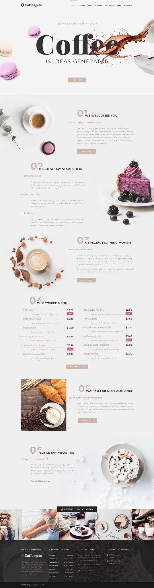 Strona internetowa kawiarni Coffeegato z minimalistycznym designem, prezentująca zdjęcia kawy, deserów i menu, z akcentami na Instagram i rezerwację stolika.