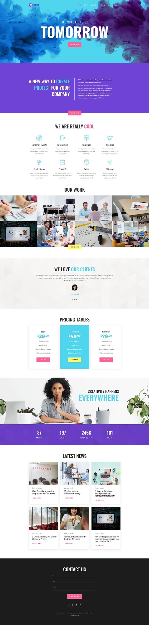 Projekt strony internetowej z nagłówkiem 'The Solutions of Tomorrow' i sekcjami 'We are really cool', 'Our Work', 'Pricing Tables' i 'Latest News', utrzymany w fioletowo-turkusowej kolorystyce...