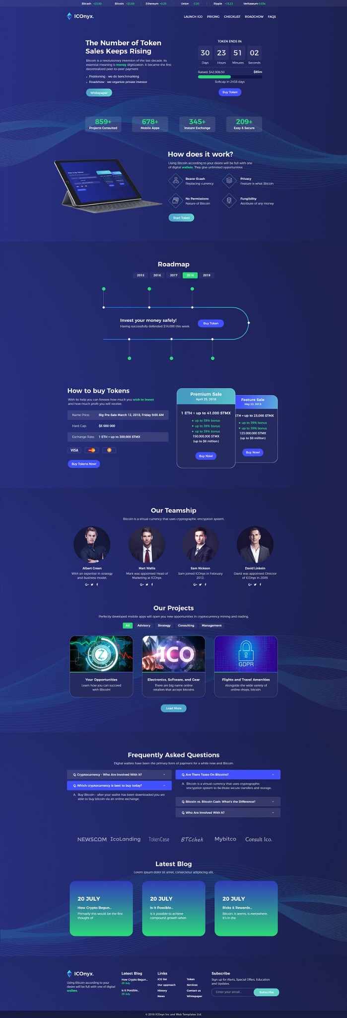 Strona internetowa projektu ICOnyx prezentująca informacje o tokenach, roadmapie, zespole, projektach i najnowszym blogu, z interaktywnymi elementami i nowoczesnym designem.