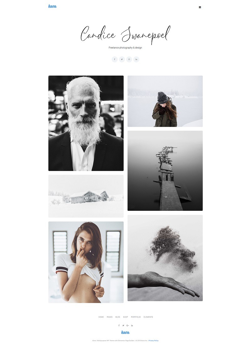 Ekran strony internetowej fotografa z galerią czarno-białych zdjęć portretowych i krajobrazowych w minimalistycznym stylu.