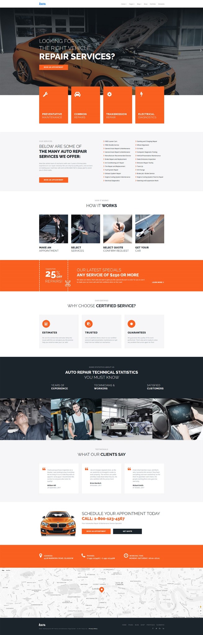Projekt strony internetowej warsztatu samochodowego z otwartą maską pomarańczowego auta sportowego i informacjami o naprawach.