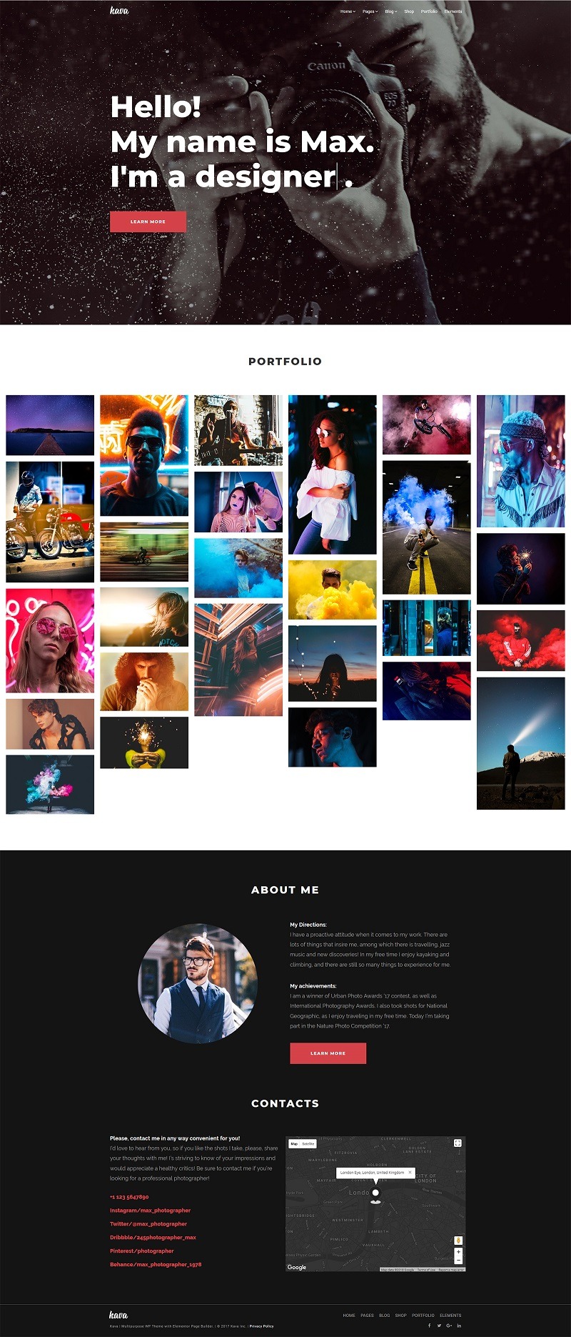 Strona internetowa fotografa z portfolio prezentującym różnorodne zdjęcia, sekcją 'O mnie' i danymi kontaktowymi oraz mapą.